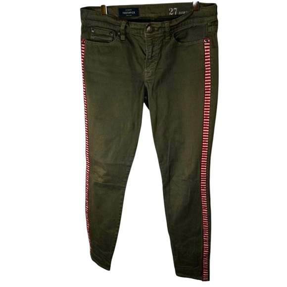 J. Crew Toothpick Size 27 Ankle Pant Olive Green Striped Contrast Trim Ribbon Ca - Picture 1 of 8